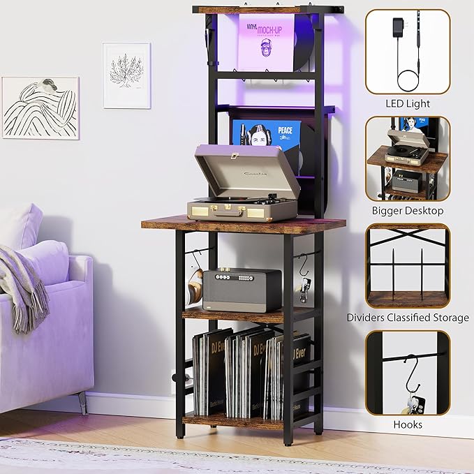Record Player Stand with Led Light,Record Player Table with Vinyl Storage,Turntable Stand with Record Holder Vinyls Display Shelf for Music Room Studio,Brown