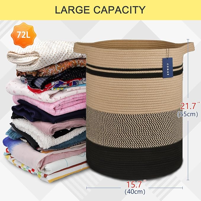 COMSE Extra Large Blanket Basket, Tall Laundry Basket, Nursery Hamper, 15.7âx 21.7â, Cotton Rope Woven Laundry Hamper for Storage Toys Clothes Towels, Brown/Black