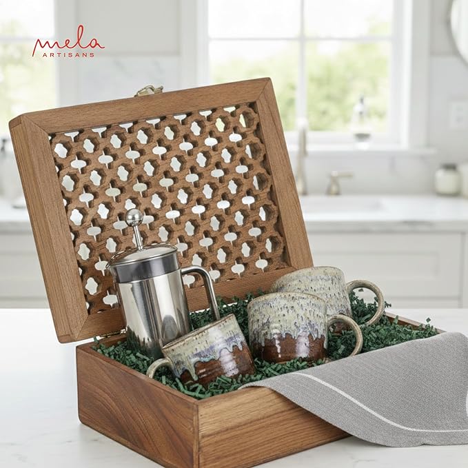 Mela Artisans Extra Large Wooden Keepsake Box | Medium Burnt & Handcrafted Decorative Storage Chest for Jewelry, Photos & Trinkets | Vintage Style Storage Box| Trellis Design | 10.5x7.5x4