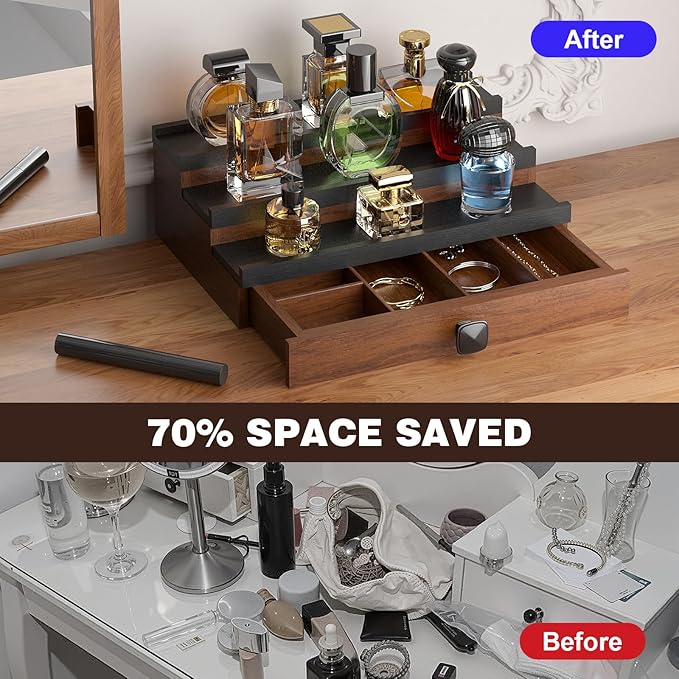 Cologne Organizer for Men: with Drawer, 3 Tier Wooden Cologne Stand Desktop Perfume Display Shelf, Bedroom Dresser Makeup Lotion Jewelry Storage Organizer ﻿