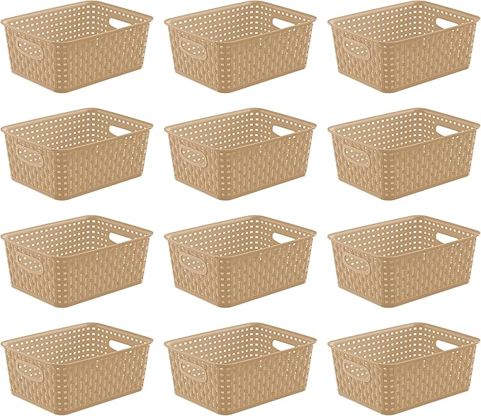 Khaki Stackable Storage Baskets, Plastic Weave Basket Organizer and Storage Set of 12, Pantry Organizing Baskets for Shelves, Kitchens, Bathrooms, Classrooms, Cabinets and Bedrooms