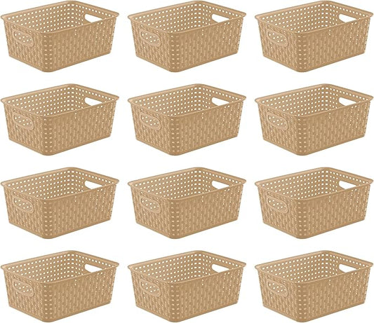 Khaki Stackable Storage Baskets, Plastic Weave Basket Organizer and Storage Set of 12, Pantry Organizing Baskets for Shelves, Kitchens, Bathrooms, Classrooms, Cabinets and Bedrooms