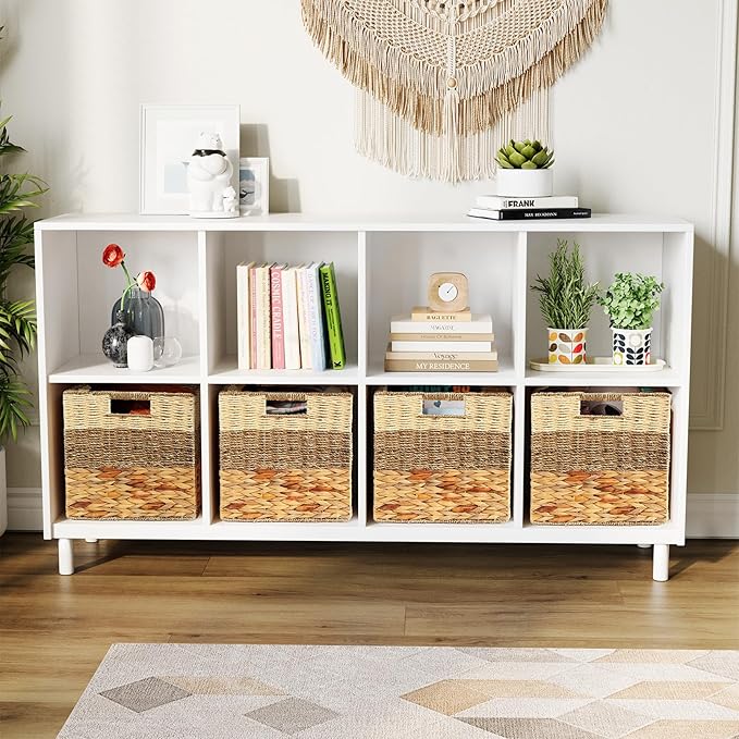 SpaceAid 4 Pack 3 Pattern Design Wicker Basket, Baskets for Organizing, Storage Rattan Basket with Handles for Shelves, Woven Cube Storage Bin Organizer, 12x12x12 inch, Natural