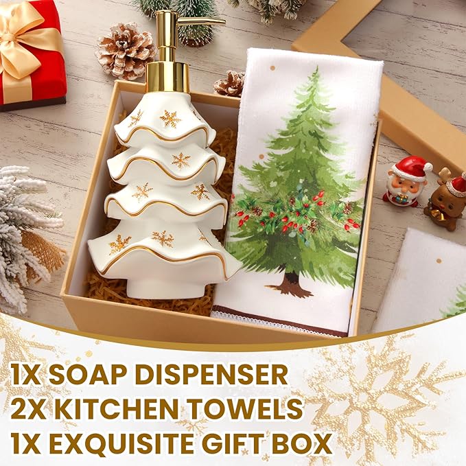 Christmas Soap Dispenser and Towel Set Tree Hand Soap Dispenser with 2 Hand Towels Refillable Lotion Essential Oil Dispensers with Pump for Christmas Bathroom Kitchen