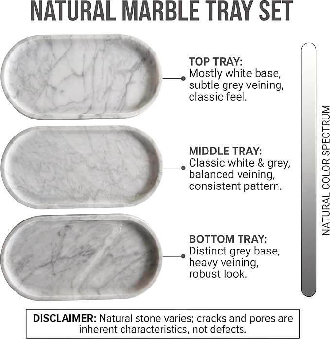 YKAJO 11.6" x 5.9" Oval Real Marble Tray for Bathroom & Kitchen Counter â 100% Natural Stone Decorative Vanity Tray for Dresser & Perfume â Heavy Catchall Organizer for Soap & Jewelry, White Gray