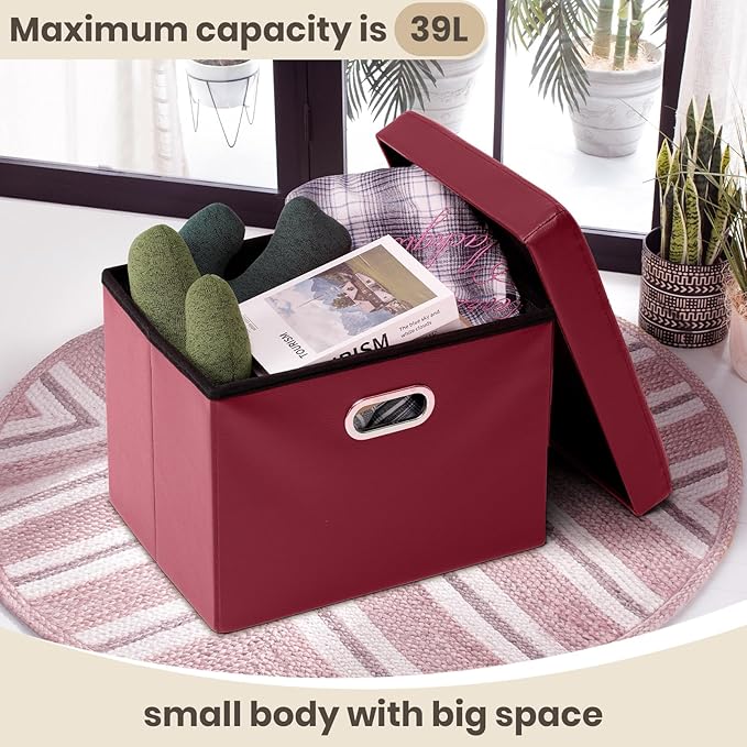 COSYLAND Storage Ottoman Foot Rest - 17x13x13in Leather Ottoman Rectangle Foot Stool Folding for Room Dorm Small Collapsible Bench Seat Organizer Entryway Furniture with Handles Lid Burgundy
