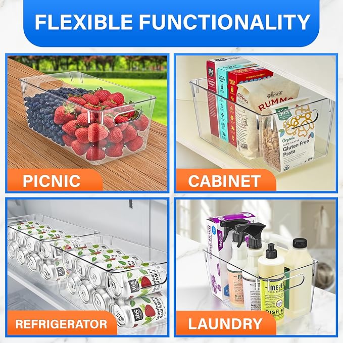 Lifemaster Stackable Refrigerator Bins - Set of 2 Large Capacity Organizers with Easy Grip Handles - Clear and Versatile for Kitchen Storage