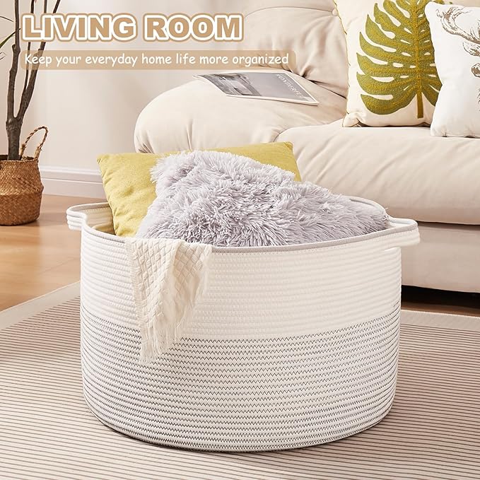 Large Blanket Basket with Handles, 22.8" x 22.8" x 13" Woven Storage Basket for Living Room, Cotton Rope Baby Toy Storage for Clothes, Pillows, Towels-Black and White