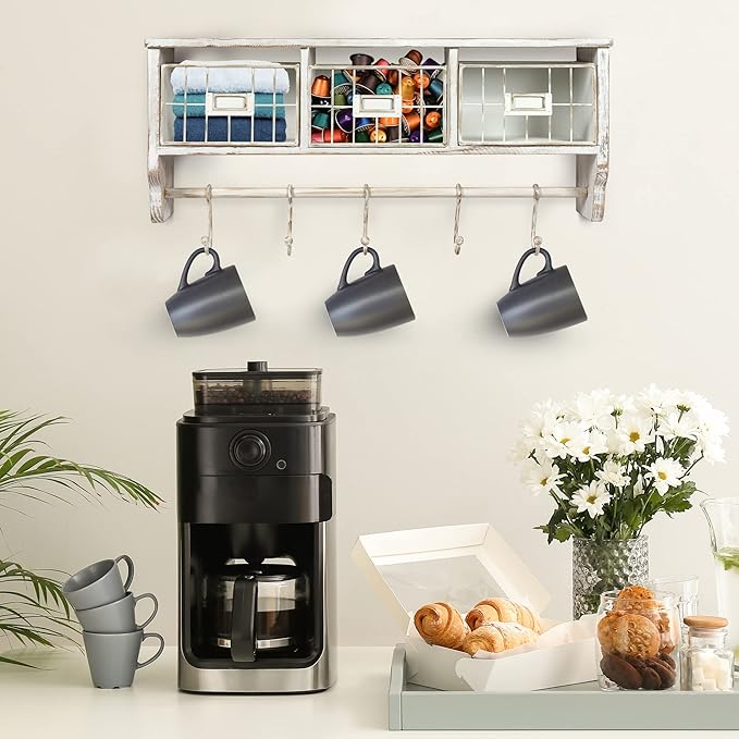 HBCY Creations Wall Mounted Shelf with Coat Hooks and Baskets, Solid Wood Entryway Organizer Wall Shelf with Hooks - Hang Coats, Keys or Coffee Mugs, Rustic Whitewashed 24" Wide