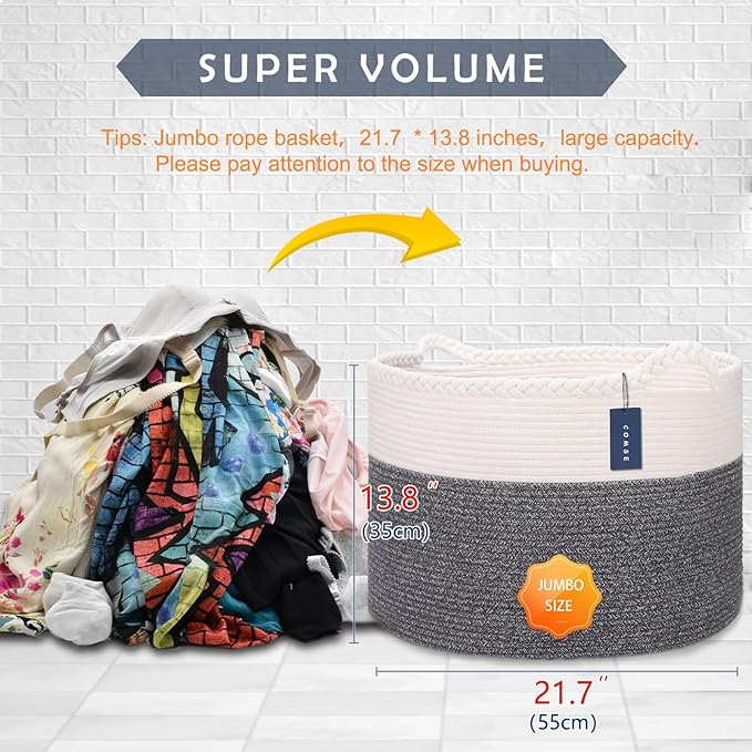 COMSE Extra Large Blanket Basket, Woven Laundry Basket, 21.7âx 13.8â, Nursery Hamper, Cotton Rope Laundry Hamper Living Room for Storage Toys Clothes Towels (White & Black)