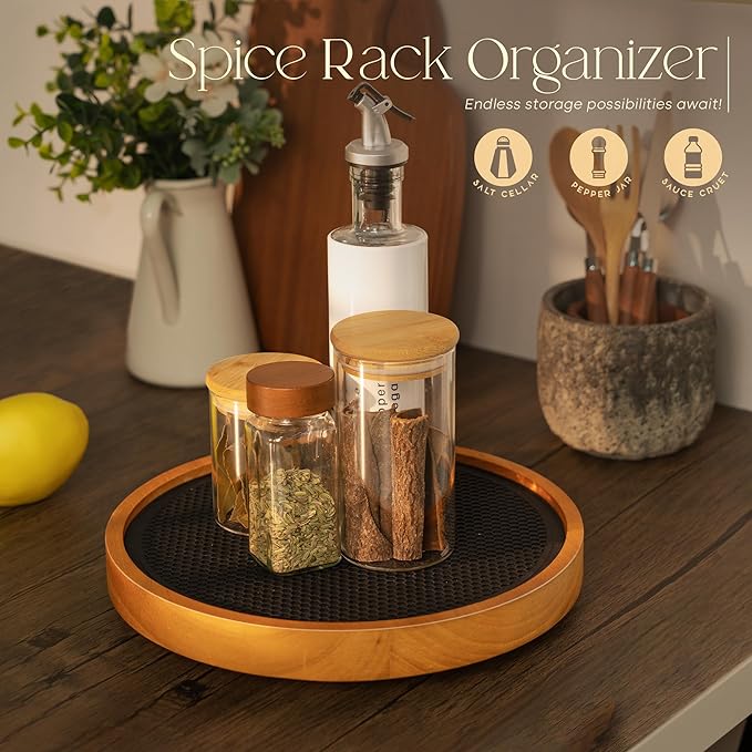 EOSAHR Non-Skid Wood Lazy Susan Organizer Turntable with Rubber Mat â 10.5" Lazy Susan Turntable for Cabinet, Table Top, Pantry & Kitchen Sink - Effortless Bathroom Vanity Tray (Light Brown)