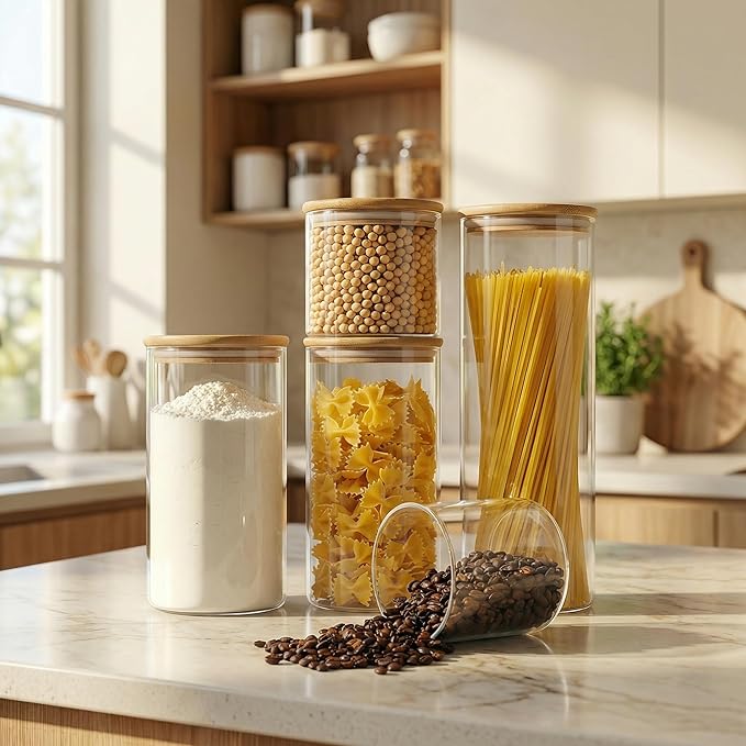 Glass Jars with Bamboo Lids 79 FL OZ [Set of 3], Glass Canisters with Airtight Lids, Glass Food Storage Containers for Spaghetti, Fettuccine, Linguine,Pasta, Best for Kitchen & Pantry