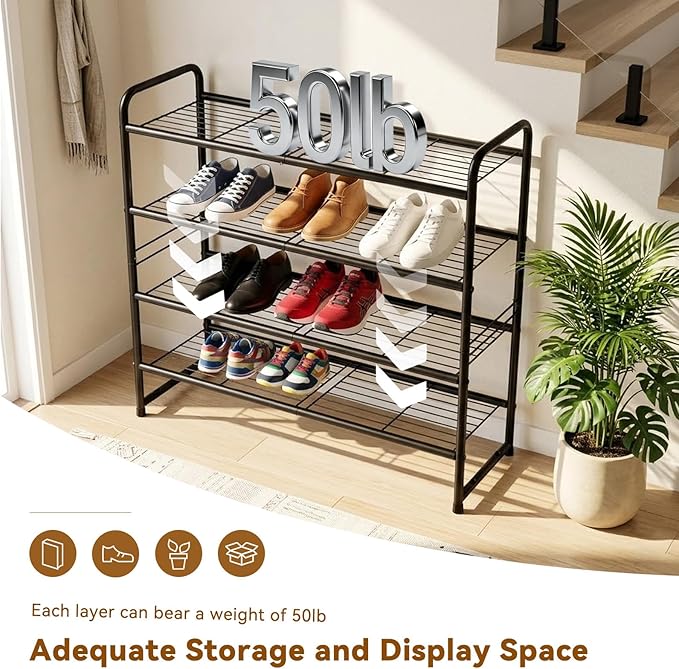 4 Tier Shoe Rack, 32.5" Wide Stackable Sturdy Metal Shoe Shelf Storage Organizer with Height-Adjustable for Entryway, Closet, Black