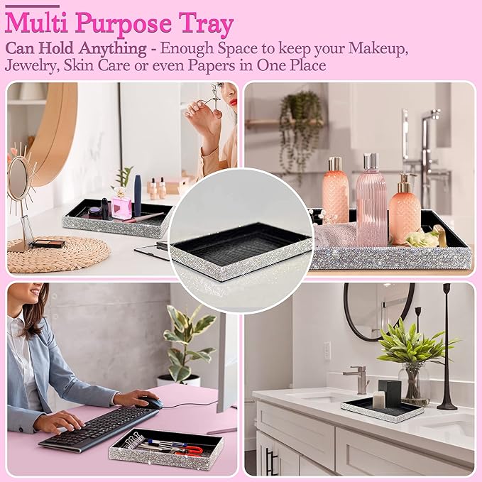 TISHAA Bling Decorative Tray Holder â Makeup Cosmetic Jewelry Ring Key Display Dish Plate Storage Organizer Crystal Rhinestone Glitter Vanity Bathroom Bedroom Home Decor (White)