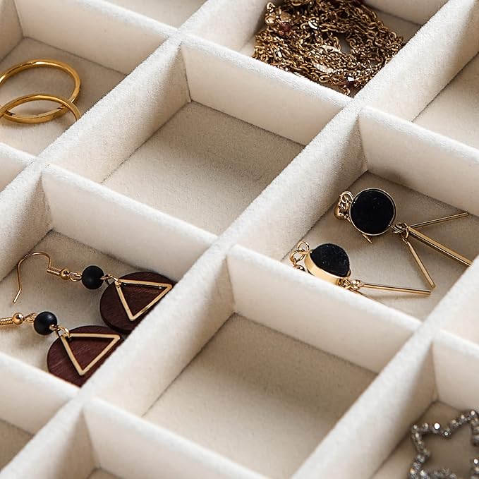 Frebeauty Stackable Velvet Jewelry Organizer Trays for Drawers Inserts Jewelry Storage Tray Display Case, Stud Earrings Bracelets Necklace Rings Accessories Trays for Women Girls(Set of 2 Beige)