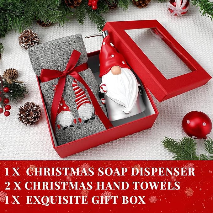 Christmas Soap Dispenser and Towel Set Gnome Hand Soap Dispenser with 2 Hand Towels Refillable Lotion Essential Oil Dispensers with Pump for Christmas Bathroom Kitchen