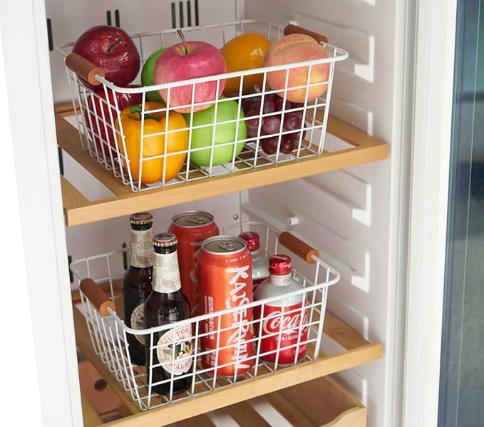 Wire Kitchen Storage Basket 2 Packs,Perfect Pantry Organization Accessories Baskets,Laundry Basket,With a Wooden Handle,Suitable for Kitchen,Bathroom,Bedroom,Tabletop,Stackable,White