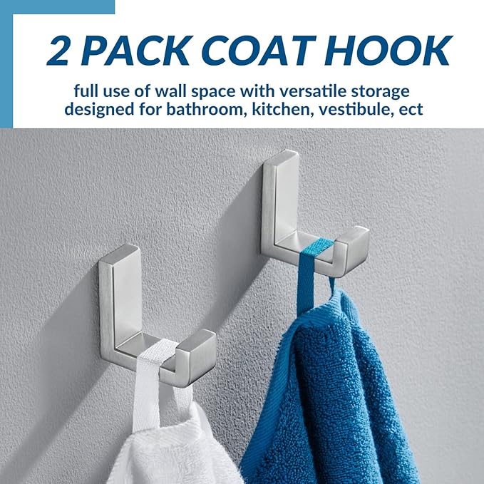 APLusee Brushed Nickel Towel Hook 2 Pack, 304 Stainless Steel L Shape Coat Hook, Bath Storage Wall Mounted