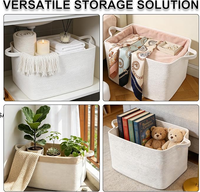 Magazine & Newspaper Baskets,Large Woven Rope Blanket Basket,24"x16"x15"Storage Bin with Handle,Toys Storage,Laundry Basket for Home Organization/Living Room/Nursery/Bedroom,White