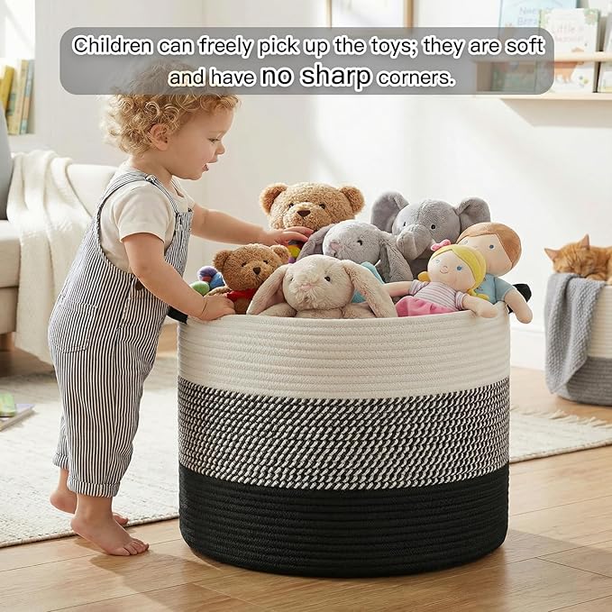 100L Large Cotton Rope Basket, Decorative Woven Blanket Storage for Living Room, Boho Toy Storage & Toy Box for Kids, Versatile Laundry Basket & Nursery Hamper for Blankets(Black)