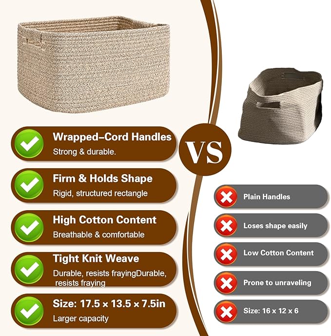3 Pack Large Storage Basket for Organizing, 17"x12"x7.5" Woven Basket for Shelves, Closet Cube Storage Bins with Wrapped Handle, Cotton Rope Baskets for Kitchen, Clothes, Toys(Natural)