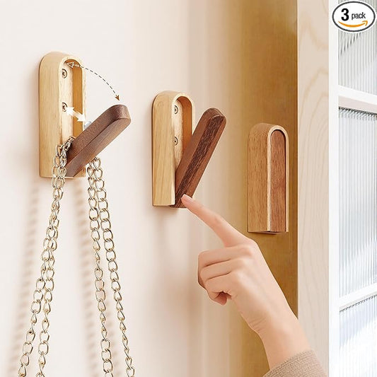 Modern Folding Wall Hooks: Wooden Coat Hooks 3 Pack for Small Space Entryway Behind Doors - Mid Century Decorative Hanger for Hanging Towels Backpacks Bag Hats (Walnut Wood & Rubberwood)