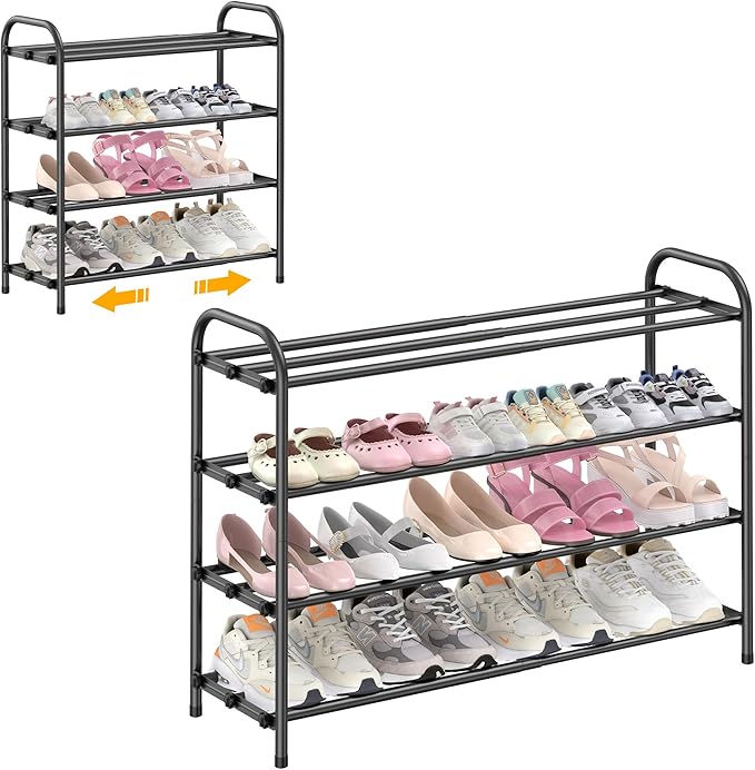 4-Tier Expandable Shoe Rack for Entryway，Adjustable Metal Shoe Organizer for Closet,Living Room,Dorm,Black