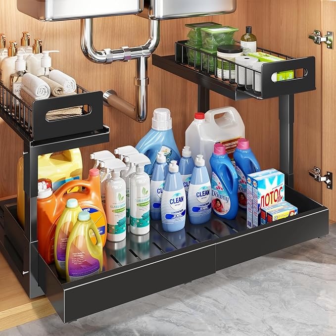 1 Pack Expandable Under Sink Organizers And Storage With Upgrade Ball-Bearing Slide Tracks,2-Tier Pull Out Under Cabinet Organizer Height Adjustable,Slide Out Under Sink Drawers-Black(Patent Pending) | Expandable, Under Sink, Pull Out, Height Adjustable