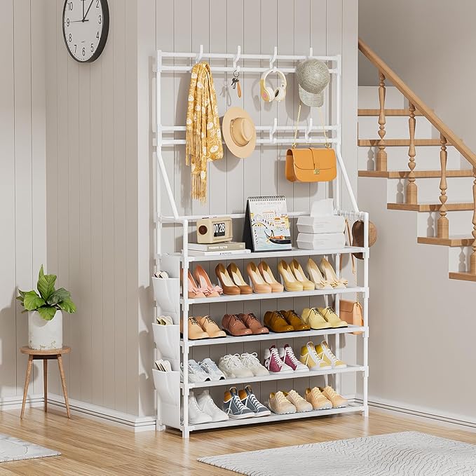 OYREL Shoe Rack 5 Tier Shoe Racks Organizer 20-25 Pairs Shoes Rack for Closet Entrance Shoe Storage Shelf with Hooks and Side Pocket Entryway Shoe Holder Space Saving Free Standing Shoe Racks