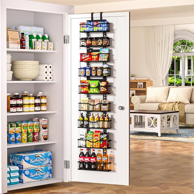 EVERIE 9-Tier Over Door Storage Rack, Metal Hanging Organizer with Bigger Hanging Slots and Heightened Baskets, Kitchen Bathroom Living Room Dining Room Pantry Shelves (Black, 9 Tier)