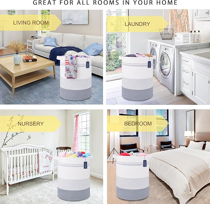 COMSE Extra Large Blanket Basket, Tall Laundry Basket, Nursery Hamper, 15.7âx 21.7â, Cotton Rope Woven Laundry Hamper for Storage Toys Clothes Towels, Light Gray & White