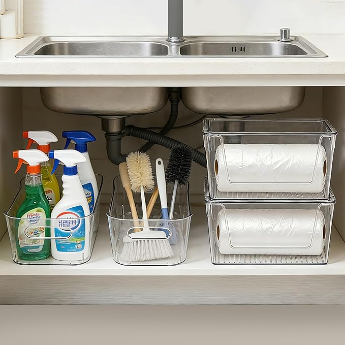 Tiawudi Set of 6 Clear Plastic Storage Bins, 2 Large Stackable Oraganizer with Open Front & Lid, 4 Small Storage Container for Pantry Organization, Multi-Use Organizer Bins for Home, Kitchen, Cabinet