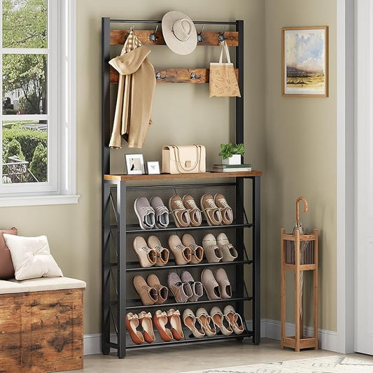 HOOBRO Hall Tree with Bench, Narrow Shoe Rack with Coat Rack, Coat Rack with Shoe Storage, 5 Tier Slanted Shoe Storage Organizer, Coat and Shoe Rack Entryway, Slim Hall Tree, Rustic Brown BF20MT01