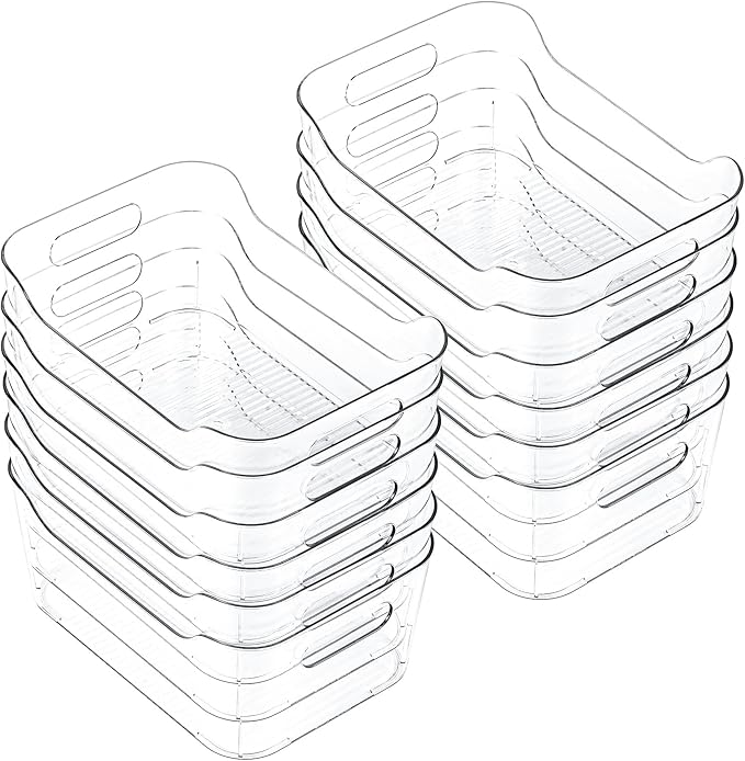 12 Pack Clear Plastic Storage Bins, Acrylic Organizer and Containers with Handle for Pantry, Cabinet, Closet, Refrigerator, Freezer, Bathroom, Kitchen Under Sink Storage