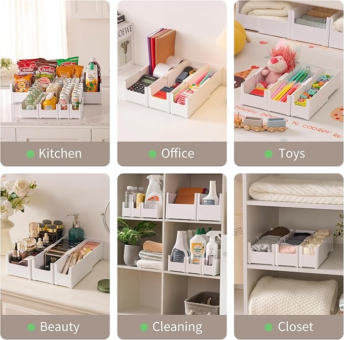 Adjustable Storage Bins for Home and Kitchen, Deep Stackable 7 Pieces Different Sizes Organizing Boxs for Cabinet Pantry Closet Refrigerator and Cupboard in White Plastic，WH-AD-White-Set-7PC