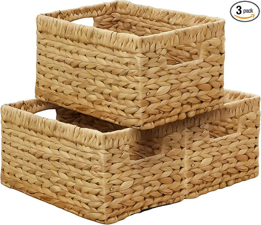 KOKODO Pack 3 Medium Wicker Storage Baskets with Handles, Stylish and Durable Water Hyacinth Rectangle Handwoven Basket Bin with Metal Frame & Handle for Room Organizing