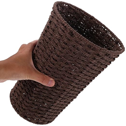 VICASKY Woven Paper Rope Trash Can Brown Sundries Storage Basket Handwoven Household Wastebasket for Living Room Bedroom Bathroom, Size 19x14.5x28 Cm