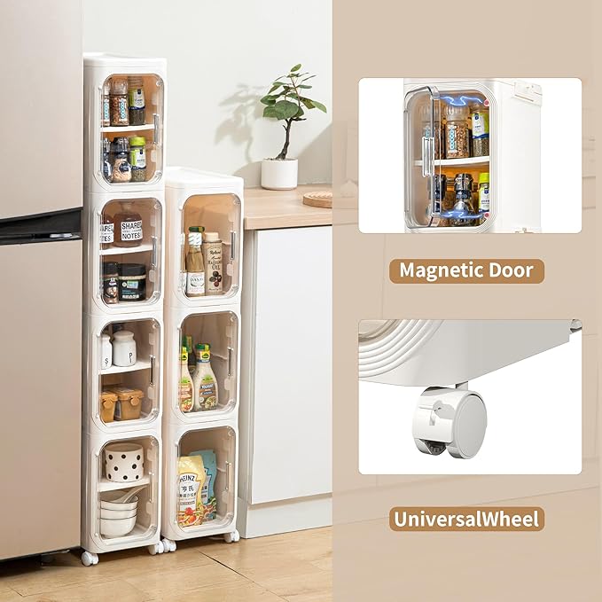 Narrow Bathroom Storage Cabinet with Wheels, 4-Tier Plastic Slim Organizer with Adjustable Shelves for Small Spaces,Bathroom, Kitchen, Milky White