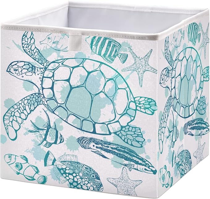 Blueangle Sea Turtle Starfish Cube Storage Bin, 11 x 11 x 11 in, Large Collapsible Organizer Storage Basket for Home Décor