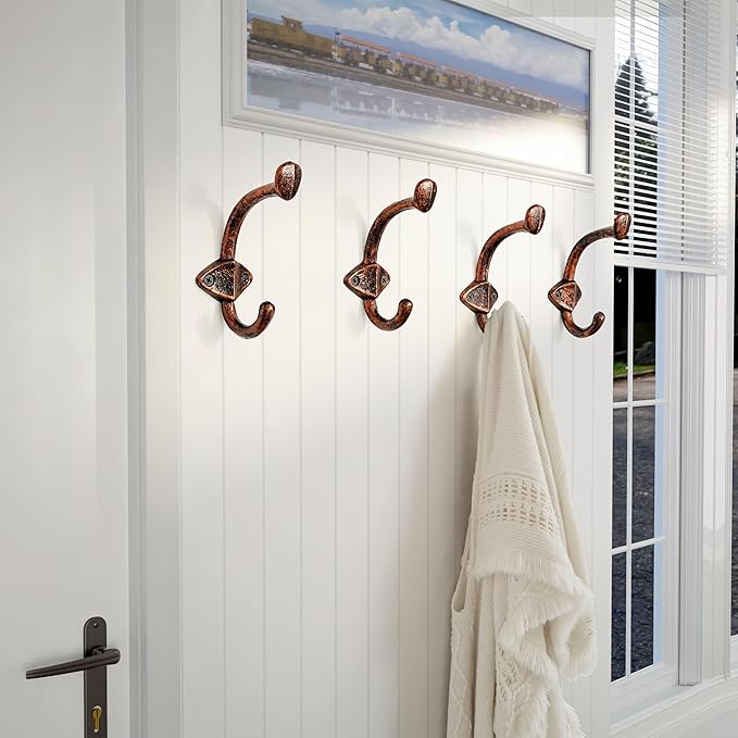 Dseap Cast Iron Wall Hooks L=5”, Heavy Duty Coat Hooks, Rustic Vintage Farmhouse Hook for Hanging Winter Coats Jackets Towels Hats Bags Plants, Antique Copper, Pack of 5 (ShieldBold)