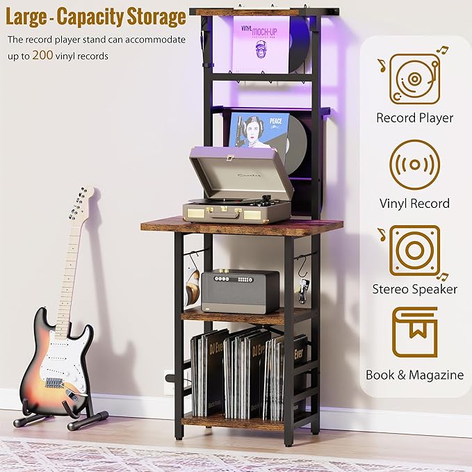 Record Player Stand with Led Light,Record Player Table with Vinyl Storage,Turntable Stand with Record Holder Vinyls Display Shelf for Music Room Studio,Brown
