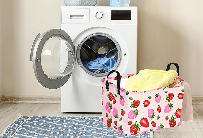 Strawberry Print Storage Box Girls Gifts Basket Clothes Hamper Basket Collapsible Organizer Bin Gift Shelf Baskets for Home and Kitchen Storage.