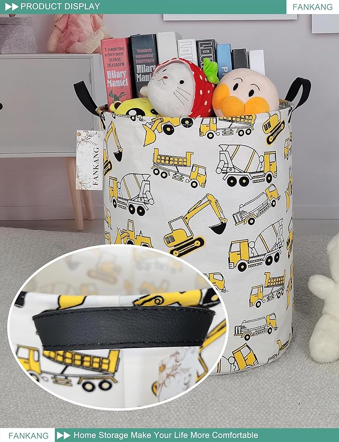 FANKANG Storage Basket, Nursery Hamper Canvas Laundry Basket Foldable with Waterproof PE Coating Large Storage Baskets for Kids Boys and Girls, Office, Bedroom, Clothes,Toysï¼excavatorï¼