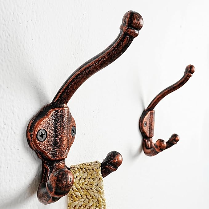 Dseap Cast Iron Wall Hooks L=5”, Heavy Duty Coat Hooks, Rustic Vintage Farmhouse Hook for Hanging Winter Coats Jackets Towels Hats Bags Plants, Antique Copper, Pack of 5 (GripBold)