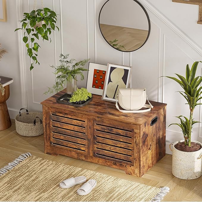DINZI LVJ Storage Chest, 39.4âWooden Toy Box with 2 Safety Hinges, Retro Entryway Shoe Storage Bench with Flip-Top, Sturdy Large Storage Trunk for Living Room, Bedroom, Easy Assembly, Rustic Brown