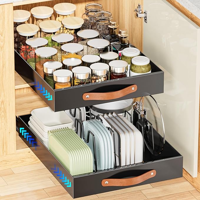 OVICAR Pull Out Cabinet Organizer - Adhesive Slide Out Drawer - 13.8" W x 16.3" D Heavy Duty Sliding Pantry Shelves Storage Drawers with 4pcs Divider Racks for Kitchen Bathroom Home, Black