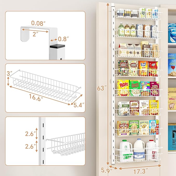 MIAOLI Over the Door Pantry Organizer, 8-Tier Adjustable Spice Rack Cabinet Door Shelves, Hanging Seasoning Organizer for Kitchen Bathroom, Laundry Room Organization, White