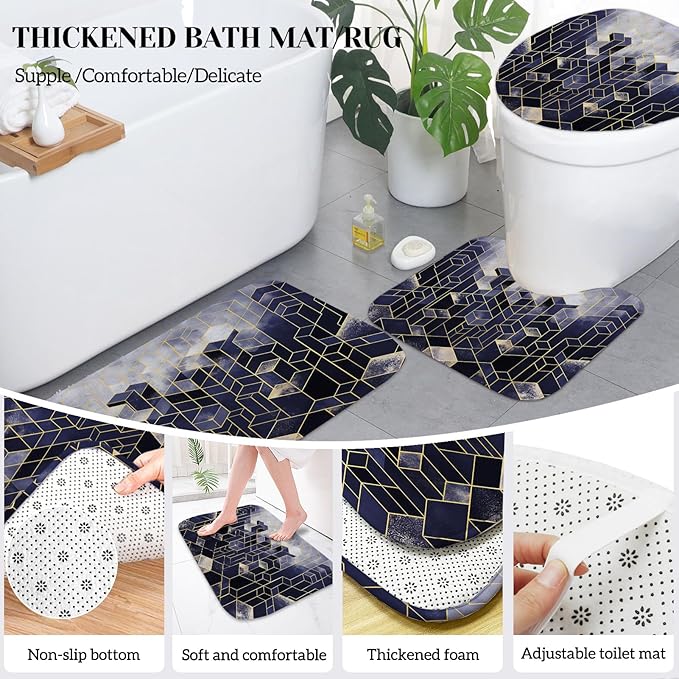 Lnond Blue Bathroom Set, Blue Abstract Cubes Bathroom Accessories Sets Complete, Luxury Restroom Set with Shower Curtain and Rugs, Trash Can, Toilet Brush Holder Set & Soap Dispenser