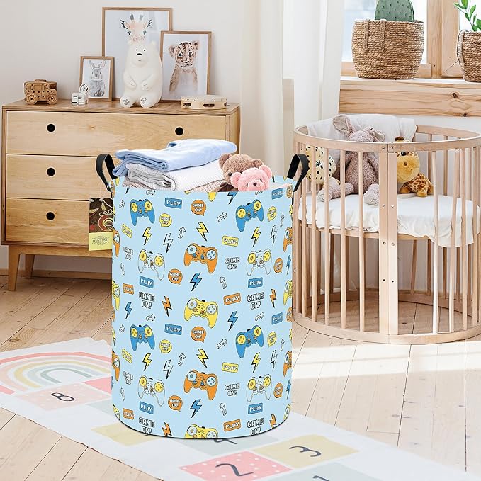 HUNRUNG Laundry Hamper,Large Canvas Fabric Lightweight Storage Basket Toy Organizer Dirty Clothes Collapsible Waterproof for College Dormsï¼Round-Color Gameï¼