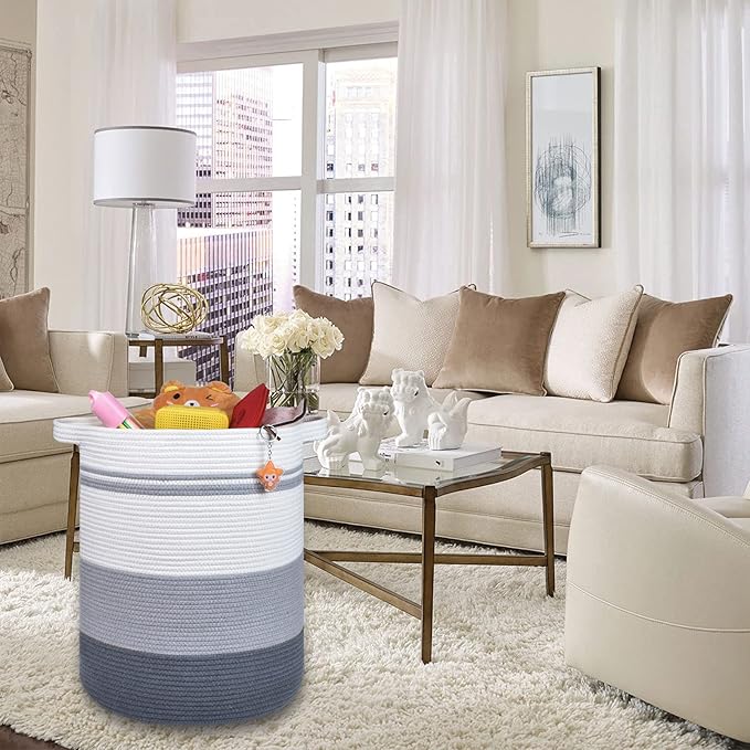 COMSE Extra Large Blanket Basket, Tall Laundry Basket, Nursery Hamper, 15.7âx 21.7â, Cotton Rope Woven Laundry Hamper for Storage Toys Clothes Towels, Gradient Gray